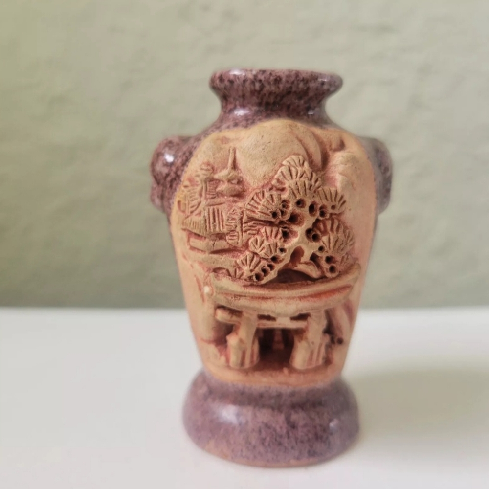 Vintage Vase Japanese Shôwa Period Banko Ware Mini 3D Carved Relief 3"